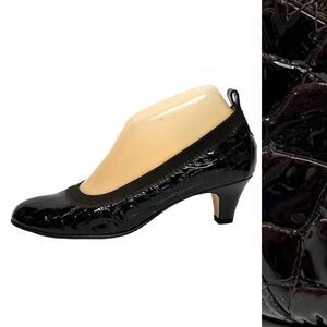ANYI LU Morgan DarkBrown CROCO Embossed Patent Leather Pumps Kitten Heels 36 5.5
